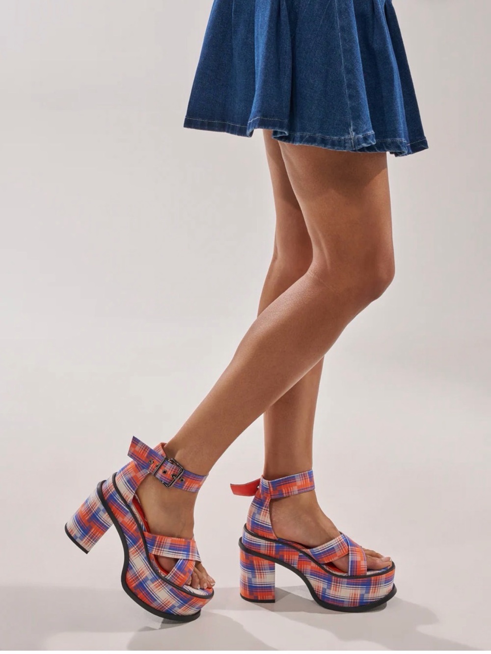 Plaid Platform Block Heel Sandals in Orange Plaid